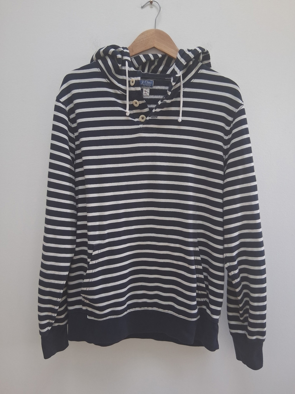 J. Crew Vintage Men's Navy and White Striped Hooded Pullover 1/4 Button Size L